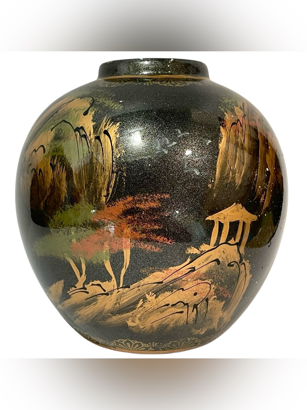 Vintage 1940s Chinese Black Ceramic Ball Vase Intricate Hand Painted Mountain